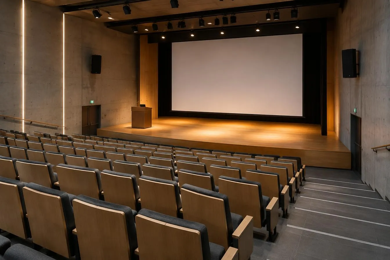 Auditorio con butacas escalonadas frente a un escenario y pantalla (foto de ejemplo)