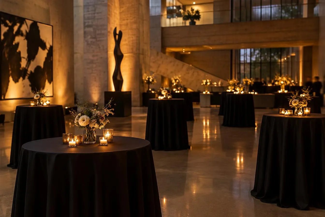 Lobby de concreto preparado para un cóctel con mesas altas y velas (foto de ejemplo)
