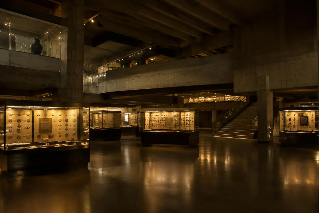 Sala en penumbra rodeada de vitrinas iluminadas con monedas (foto de ejemplo)