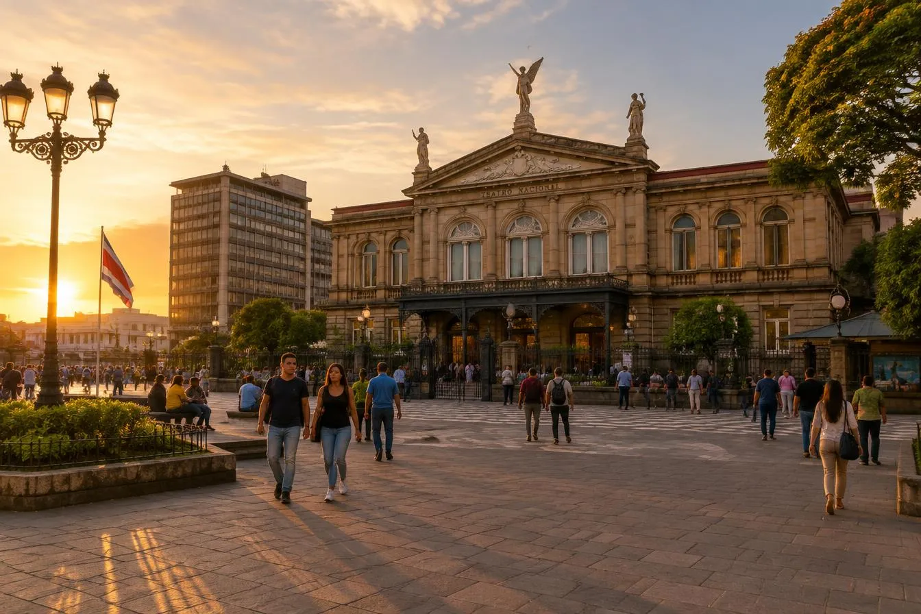 Plaza adoquinada al atardecer con peatones frente a un teatro neoclásico (foto de ejemplo)