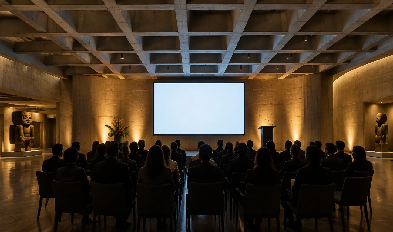 Auditorio con público sentado frente a una pantalla y un podio, bajo un cielo de vigas de concreto (foto de ejemplo)