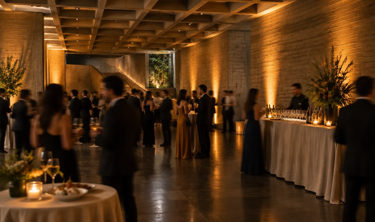 Cóctel de noche en un salón de concreto con barra, velas y arreglos florales (foto de ejemplo)