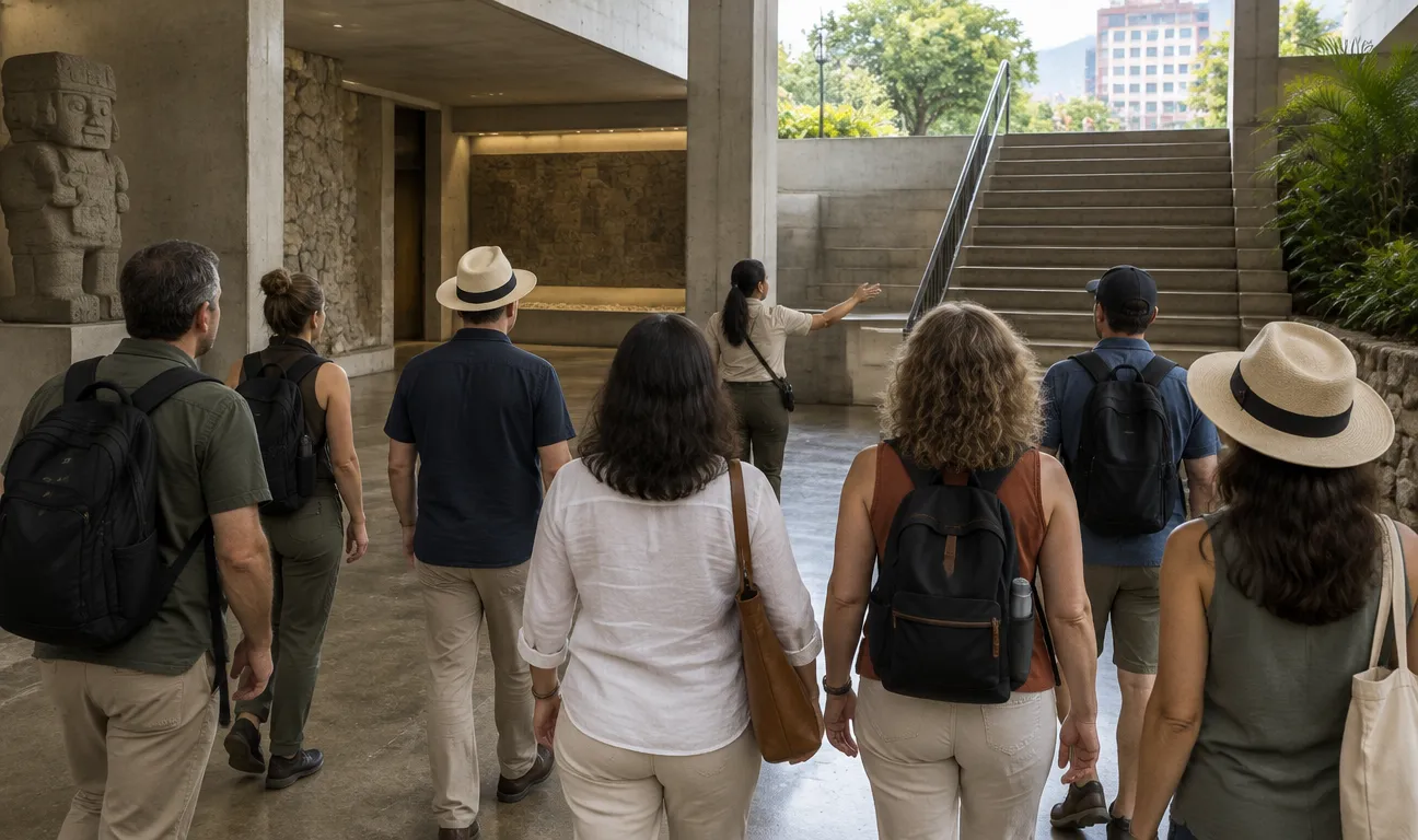 Grupo de turistas de espaldas sigue a una guía por un pasillo abierto de concreto y piedra (foto de ejemplo)