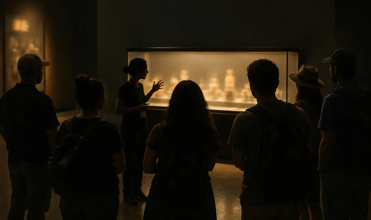 Guía explica una vitrina iluminada a un grupo pequeño en una sala en penumbra (foto de ejemplo)